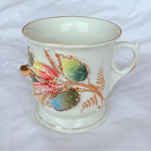 Antique German Porcelain Shaving Mug With 3D Victorian Lusterware Gold Flowers